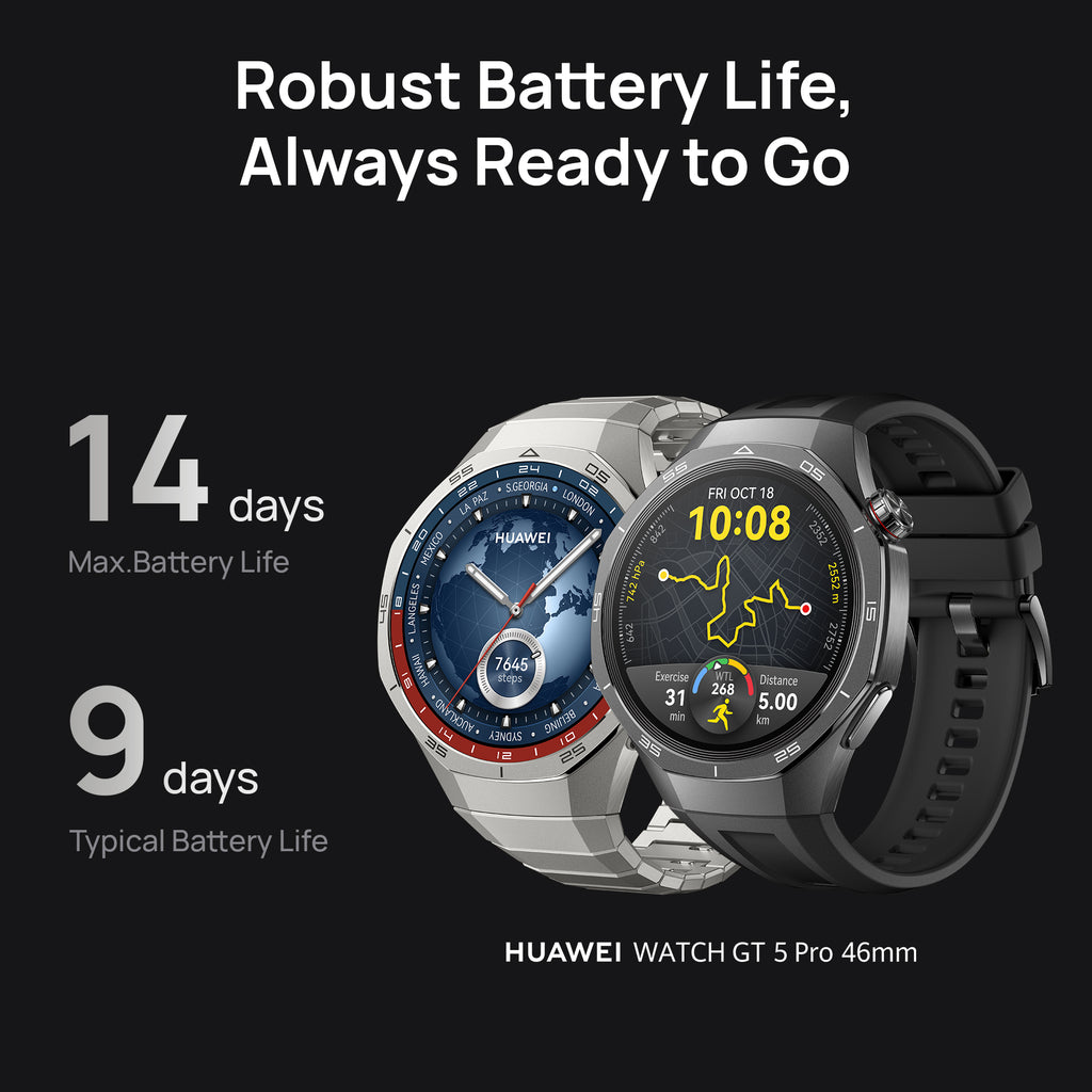Huawei Watch GT5 Pro 46 mm Smartwatch, Sharp-Edged Design, upto14 Days Battery Life, Pro-Level Sports Watch, iOS & Android Compatible, Black