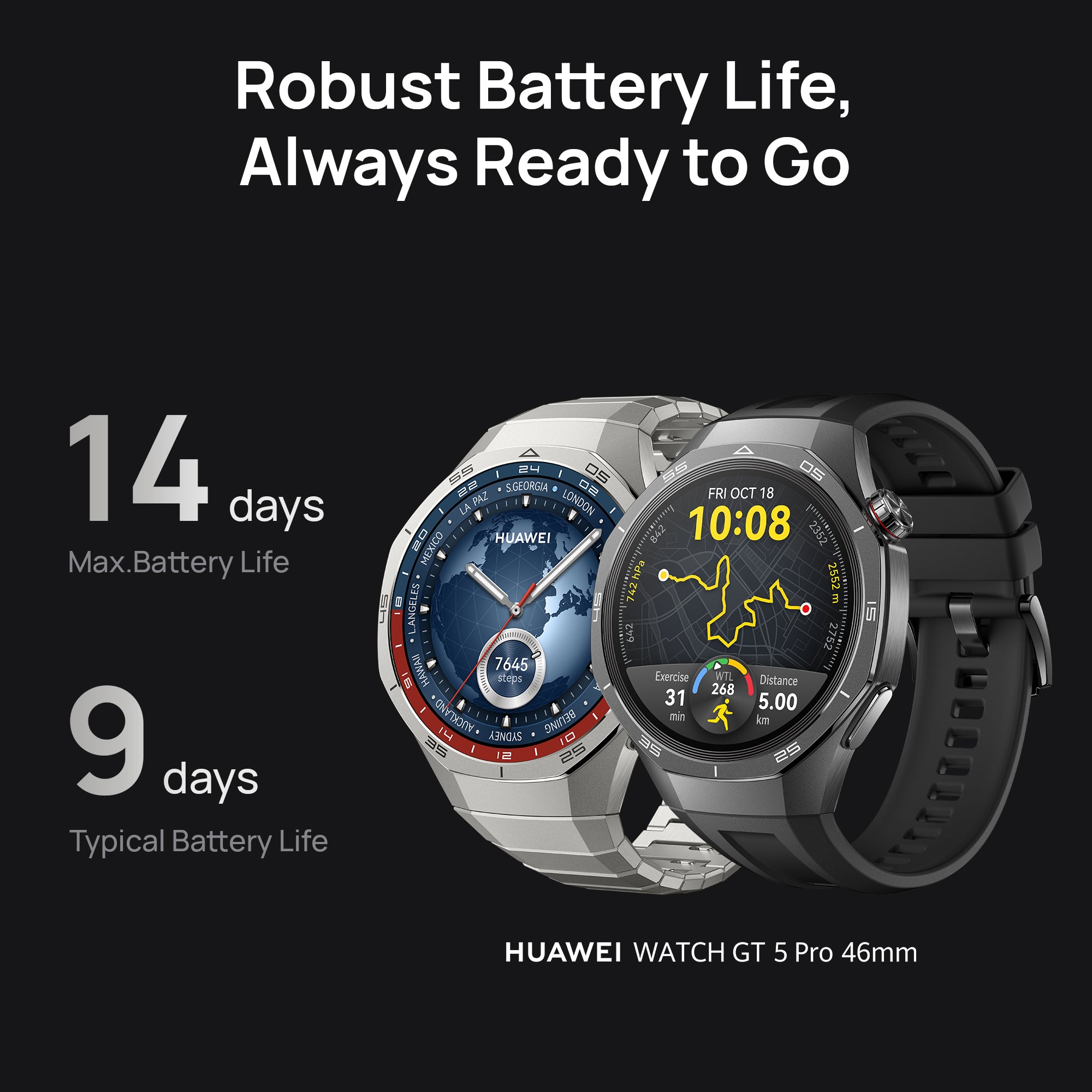 Huawei Watch GT5 Pro 46 mm Smartwatch, Sharp-Edged Design, upto14 Days Battery Life, Pro-Level Sports Watch, iOS & Android Compatible, Black