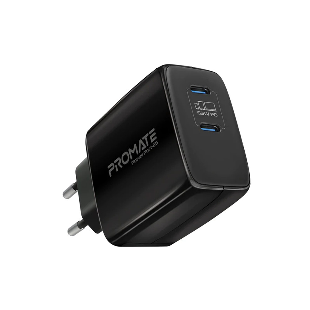 PowerPort-65 Dual USB-C 65W GaN Charger, Round Pin USB 65 Watt Charger Type C, GaNFast Super Fast Charger with 60W Type-C PD Cable for iPhone 15, 14, 13, 12, MacBook & Other USB-C Devices