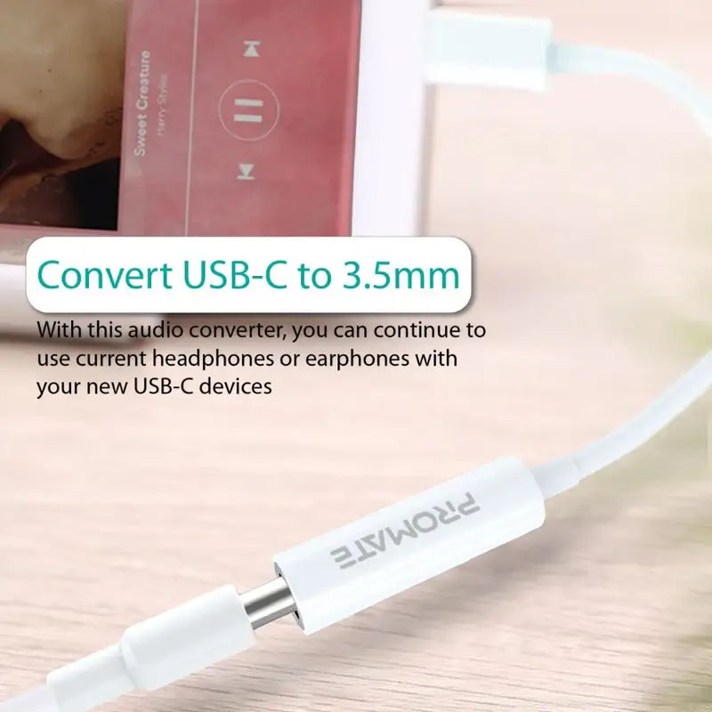 Promate AUXLink-C White USB-C to 3.5mm Adapter, Dynamic Stereo USB Type-C to 3.5mm Aux Microphone Connector Cable Adapter with High Definition Sound for UBC-C Devices, Music and Calls