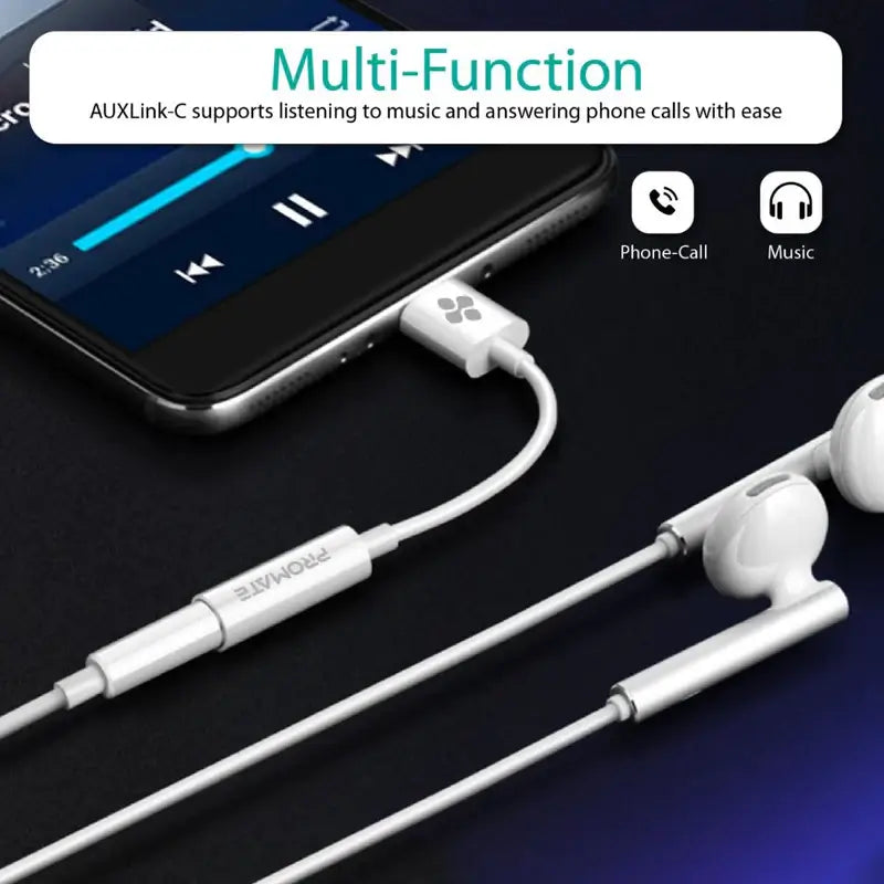 Promate AUXLink-C White USB-C to 3.5mm Adapter, Dynamic Stereo USB Type-C to 3.5mm Aux Microphone Connector Cable Adapter with High Definition Sound for UBC-C Devices, Music and Calls