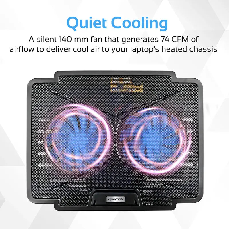 Promate AirBase-1 Gaming Laptop Cooling Pad with Silent Fan Technology - 2 High Performance Cooling Fans, Mesh Design & Blue LED Lights, Adjustable Height & Fan Speed, Dual USB Ports, Anti-Slip Grip