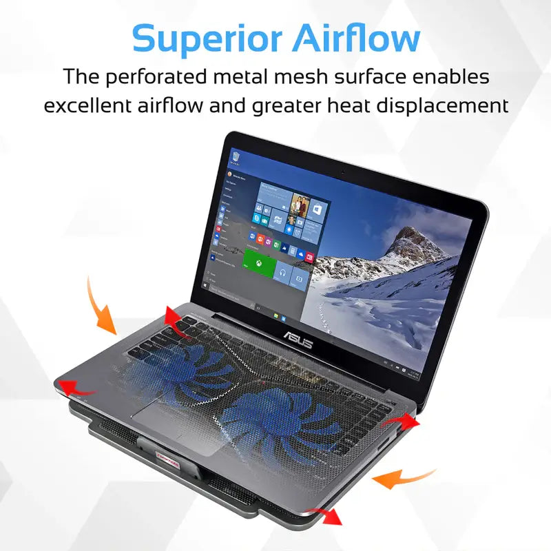 Promate AirBase-1 Gaming Laptop Cooling Pad with Silent Fan Technology - 2 High Performance Cooling Fans, Mesh Design & Blue LED Lights, Adjustable Height & Fan Speed, Dual USB Ports, Anti-Slip Grip