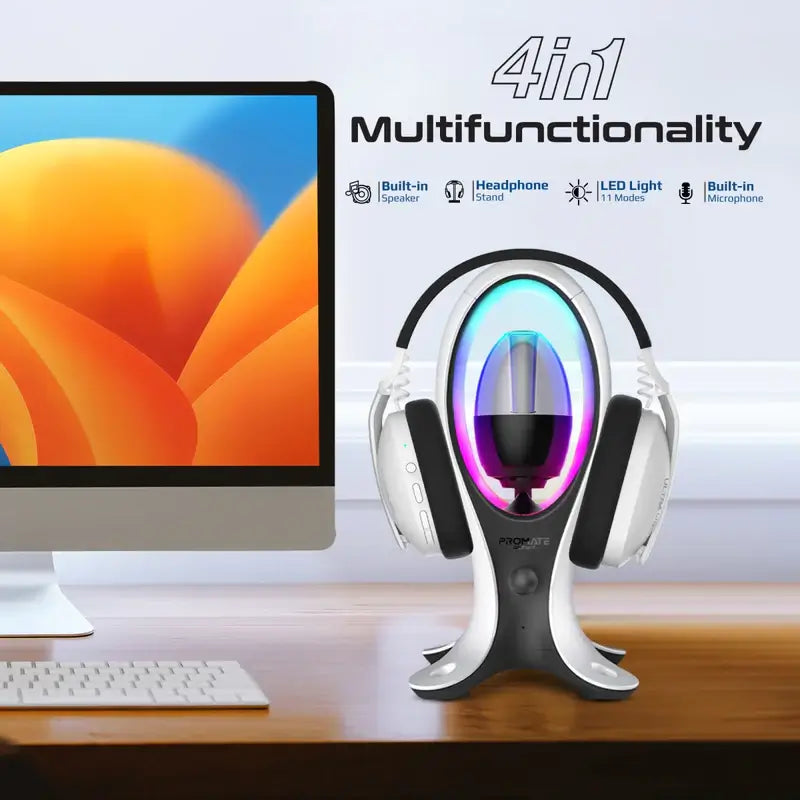 Promate Alpha-X Portable Bluetooth Speaker with High-Definition Sound, True Wireless Audio, Headphone Stand, USB-C & Dual USB-A Hub, Colorful RGB Lighting, Ergonomic Design, Fast Charging