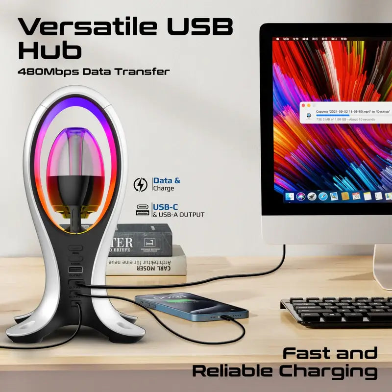 Promate Alpha-X Portable Bluetooth Speaker with High-Definition Sound, True Wireless Audio, Headphone Stand, USB-C & Dual USB-A Hub, Colorful RGB Lighting, Ergonomic Design, Fast Charging
