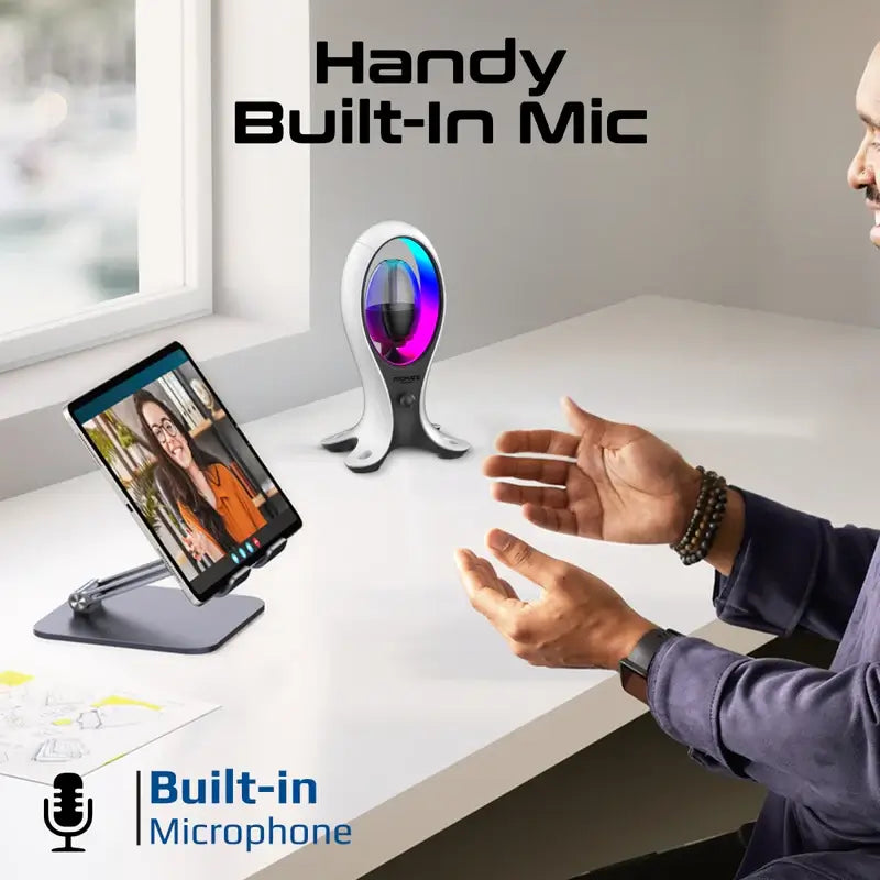 Promate Alpha-X Portable Bluetooth Speaker with High-Definition Sound, True Wireless Audio, Headphone Stand, USB-C & Dual USB-A Hub, Colorful RGB Lighting, Ergonomic Design, Fast Charging