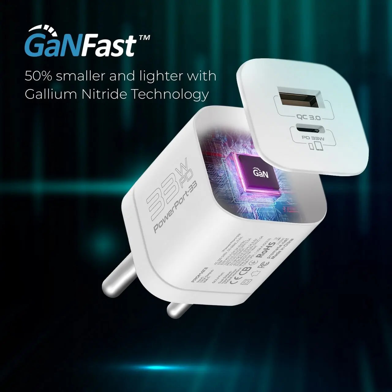 PowerPort-33, 33W Gan Charger | Round Pin Dual Port Fast QC+PD Adapter with Qualcomm Quick Charge | Compatible with iPhone 15, 15 Pro, 15 Pro Max, 14,13,12,11, iPad, Samsung, OnePlus
