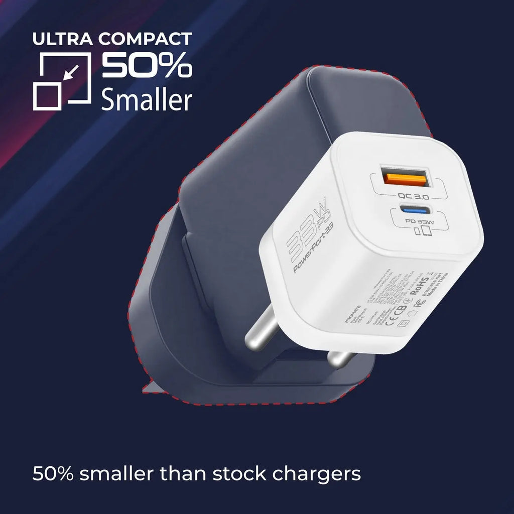 PowerPort-33, 33W Gan Charger | Round Pin Dual Port Fast QC+PD Adapter with Qualcomm Quick Charge | Compatible with iPhone 15, 15 Pro, 15 Pro Max, 14,13,12,11, iPad, Samsung, OnePlus