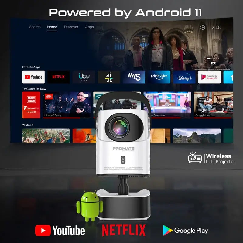 Promate Beamer A250 4K Ultra HD Projector, 250 ANSI Brightness, Height-Adjustable Telescopic Stand, Auto Keystone Correction, Built-in Speaker, Android 11, Wi-Fi, Bluetooth, HDMI Port
