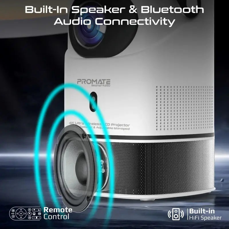 Promate Beamer A250 4K Ultra HD Projector, 250 ANSI Brightness, Height-Adjustable Telescopic Stand, Auto Keystone Correction, Built-in Speaker, Android 11, Wi-Fi, Bluetooth, HDMI Port