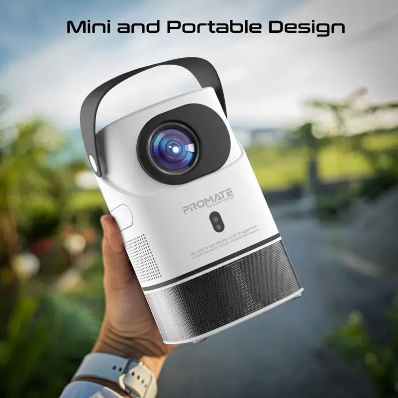 Promate Beamer A250 4K Ultra HD Projector, 250 ANSI Brightness, Height-Adjustable Telescopic Stand, Auto Keystone Correction, Built-in Speaker, Android 11, Wi-Fi, Bluetooth, HDMI Port