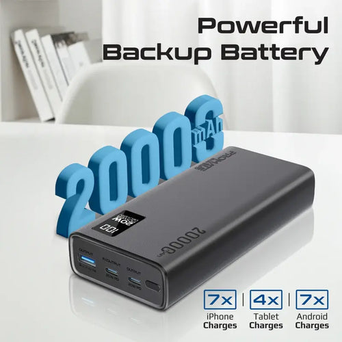 Bolt-20PD Promate Power Bank 20000mAh | Ultra-Slim Portable Charger, 20W Type-C Input/Output Port, 22.5 QC 3.0, LCD & Over-Heating Protection, Fast Charging for iPhone, Android