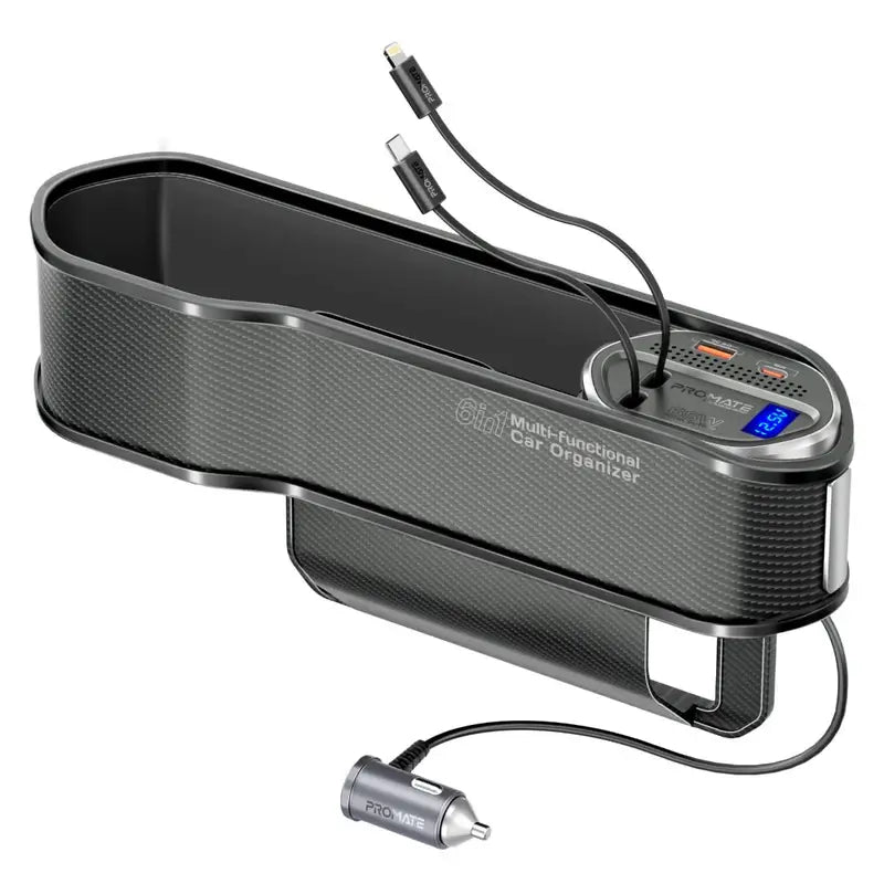 Promate CarMate-RPD Black 6 in 1 Multi-Functional Car Organizer, 65W Charging Station With 20W Lightning Retractable Cable, 30W USB-C Retractable Cable, USB-C/A Ports, LED Voltage Display