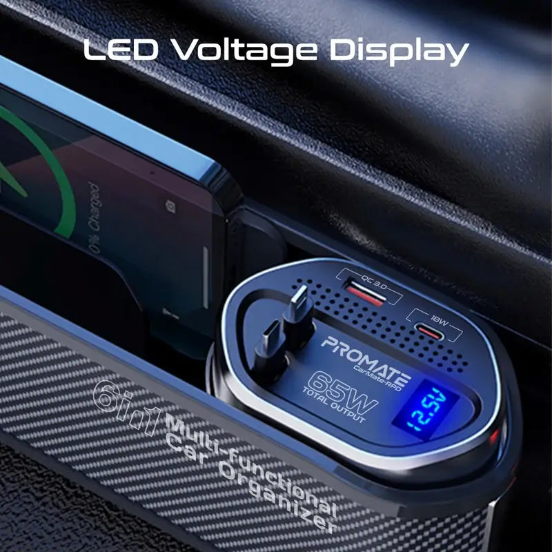 Promate CarMate-RPD Black 6 in 1 Multi-Functional Car Organizer, 65W Charging Station With 20W Lightning Retractable Cable, 30W USB-C Retractable Cable, USB-C/A Ports, LED Voltage Display