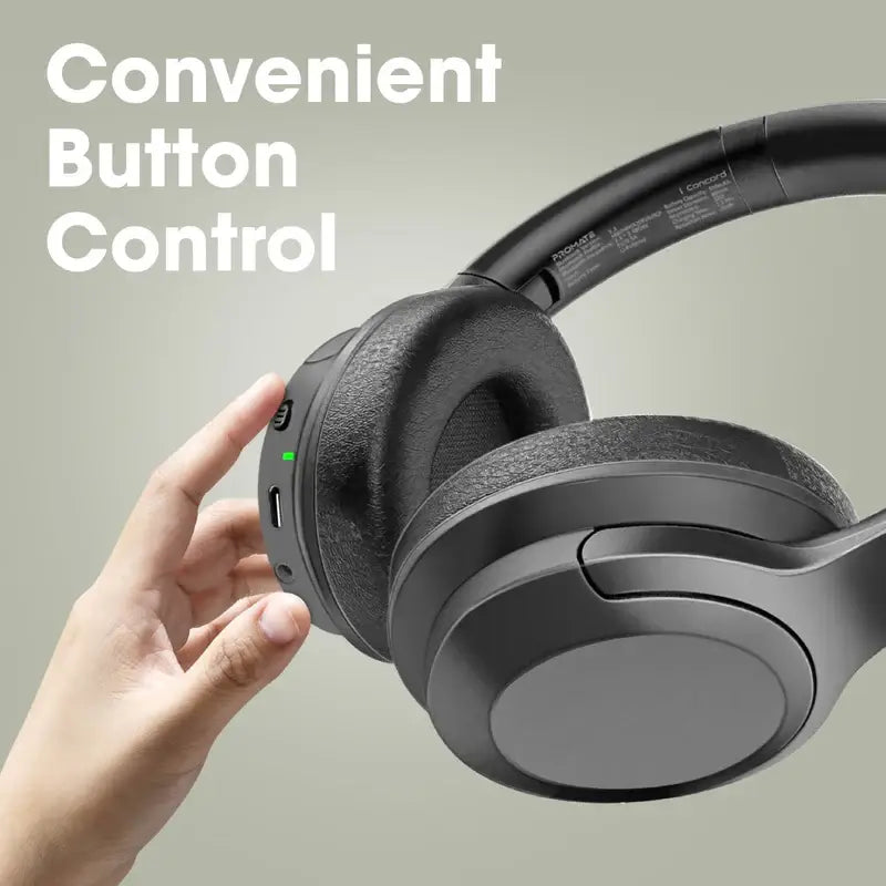 Concord Promate Wireless Headphones, Hi-Fi Active Noise Cancelling Over-Ear Wired/Wireless Bluetooth v5.3 Headset with Microphone, 27H Playtime, Foldable Design and 3.5mm Jack for iPhone 14, 15, 16, S25