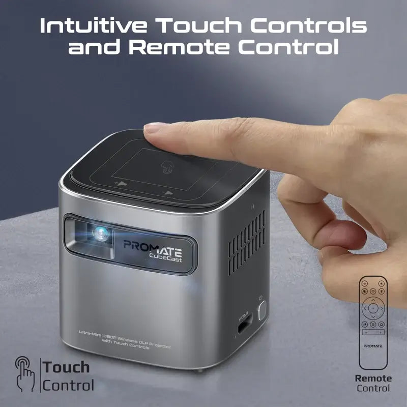 CubeCast Promate Ultra-Mini Wireless DLP Projector with Touch Controls, Android 7.1 and HDMI Port, Built-in Speaker & Bluetooth Audio, Equipped with a Powerful 3300mAh Battery