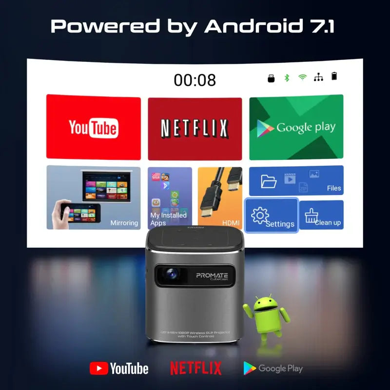 CubeCast Promate Ultra-Mini Wireless DLP Projector with Touch Controls, Android 7.1 and HDMI Port, Built-in Speaker & Bluetooth Audio, Equipped with a Powerful 3300mAh Battery