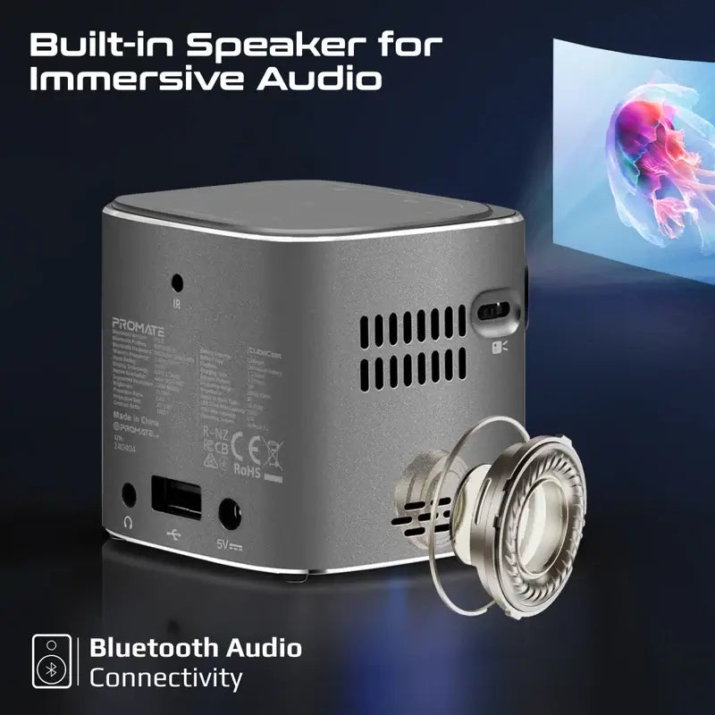 CubeCast Promate Ultra-Mini Wireless DLP Projector with Touch Controls, Android 7.1 and HDMI Port, Built-in Speaker & Bluetooth Audio, Equipped with a Powerful 3300mAh Battery