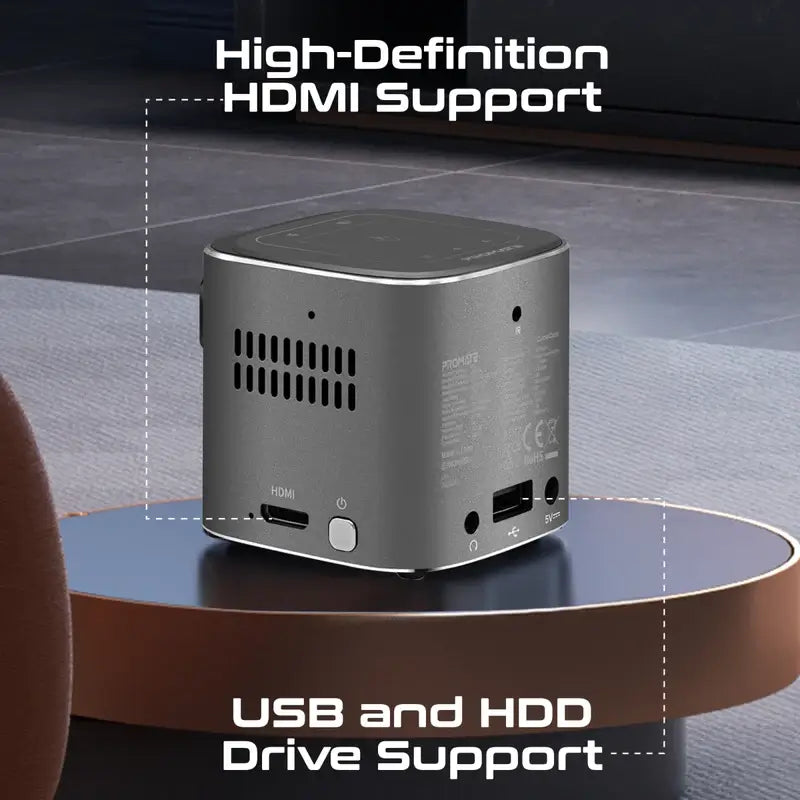 CubeCast Promate Ultra-Mini Wireless DLP Projector with Touch Controls, Android 7.1 and HDMI Port, Built-in Speaker & Bluetooth Audio, Equipped with a Powerful 3300mAh Battery