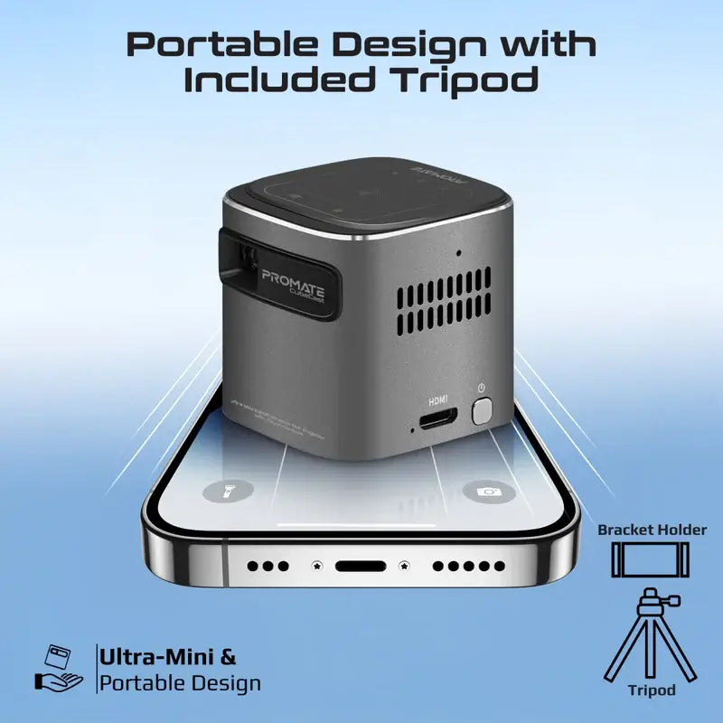 CubeCast Promate Ultra-Mini Wireless DLP Projector with Touch Controls, Android 7.1 and HDMI Port, Built-in Speaker & Bluetooth Audio, Equipped with a Powerful 3300mAh Battery