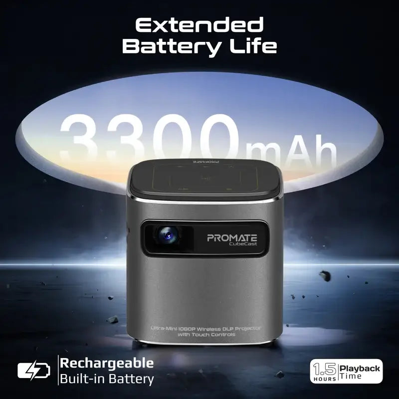 CubeCast Promate Ultra-Mini Wireless DLP Projector with Touch Controls, Android 7.1 and HDMI Port, Built-in Speaker & Bluetooth Audio, Equipped with a Powerful 3300mAh Battery