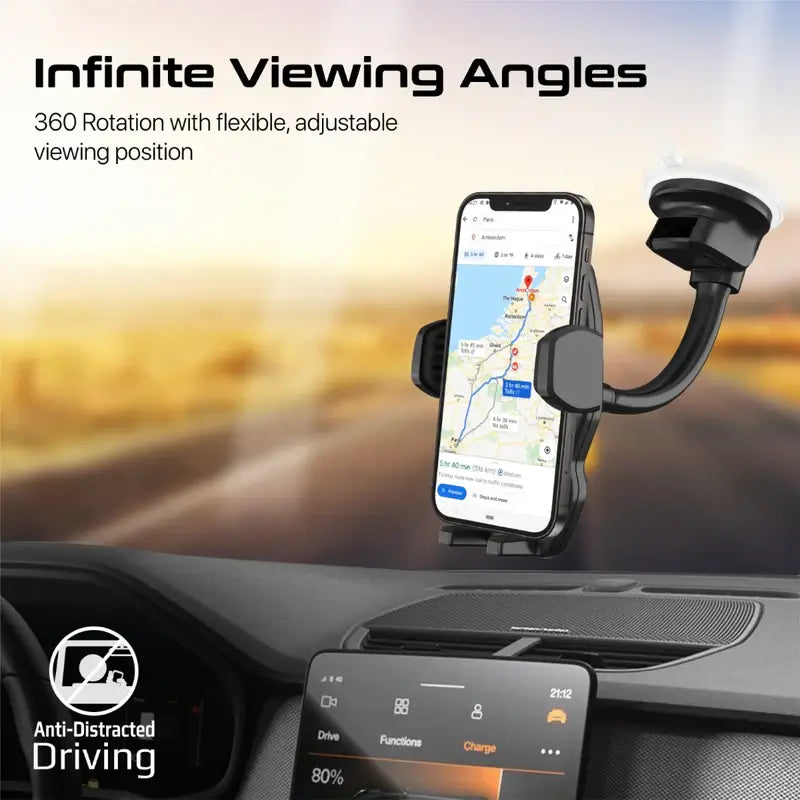 DashMount Promate Car Phone Holder, Premium Anti-Distraction Dashboard Car Phone Mount with 360-Degree Rotation, Anti-Slip Suction, Adjustable Gooseneck Arm for iPhone 14, Galaxy S25