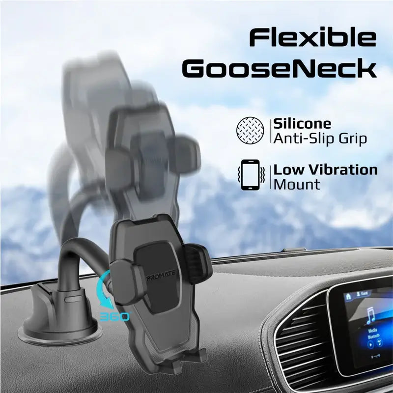 DashMount Promate Car Phone Holder, Premium Anti-Distraction Dashboard Car Phone Mount with 360-Degree Rotation, Anti-Slip Suction, Adjustable Gooseneck Arm for iPhone 14, Galaxy S25