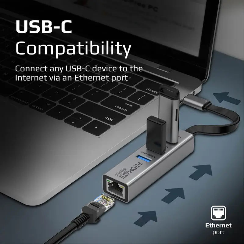 Promate GigaHub-C USB-C to Ethernet Adapter Hub, Aluminum Alloy High-Speed USB-C Hub to 1000Mbps Ethernet Port with 5 Gbps Sync Charge, 3 USB 3.0 Ports for USB-C Laptops, Smartphones, Tablets (Grey)