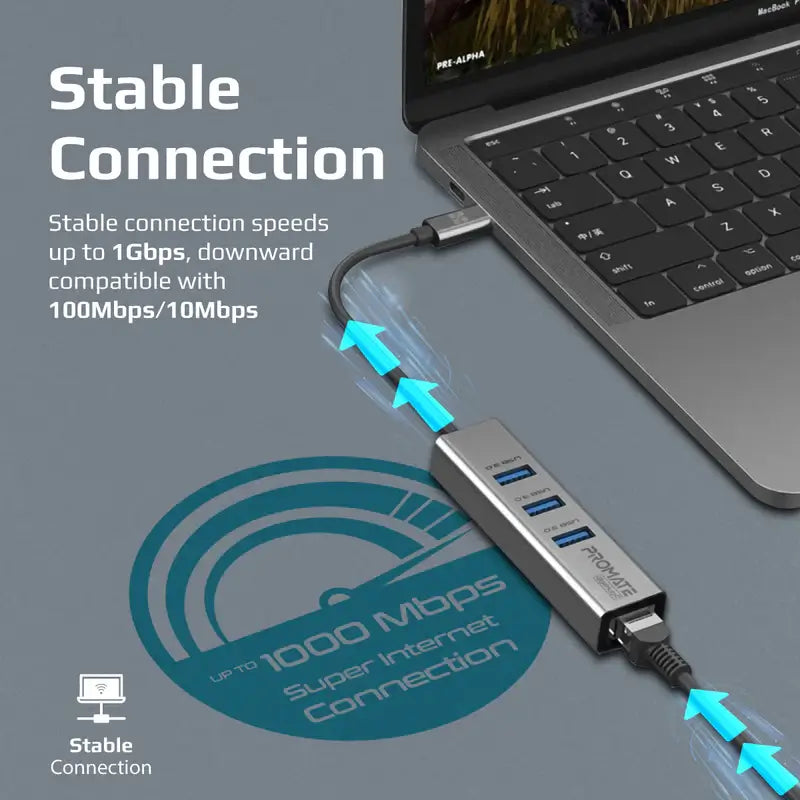 Promate GigaHub-C USB-C to Ethernet Adapter Hub, Aluminum Alloy High-Speed USB-C Hub to 1000Mbps Ethernet Port with 5 Gbps Sync Charge, 3 USB 3.0 Ports for USB-C Laptops, Smartphones, Tablets (Grey)
