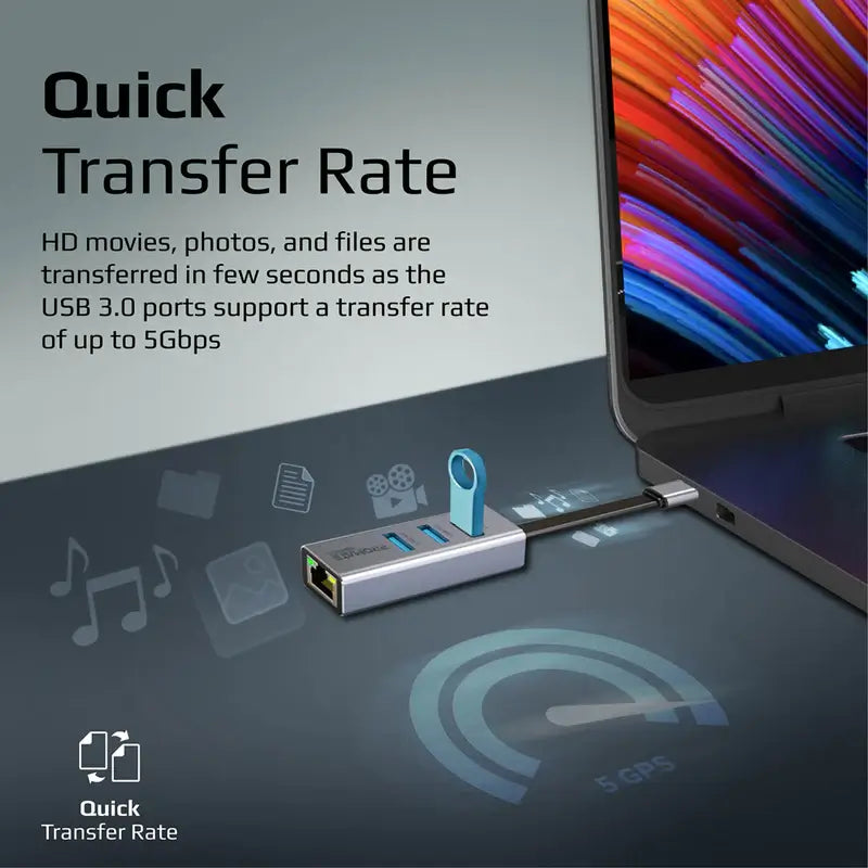 Promate GigaHub-C USB-C to Ethernet Adapter Hub, Aluminum Alloy High-Speed USB-C Hub to 1000Mbps Ethernet Port with 5 Gbps Sync Charge, 3 USB 3.0 Ports for USB-C Laptops, Smartphones, Tablets (Grey)