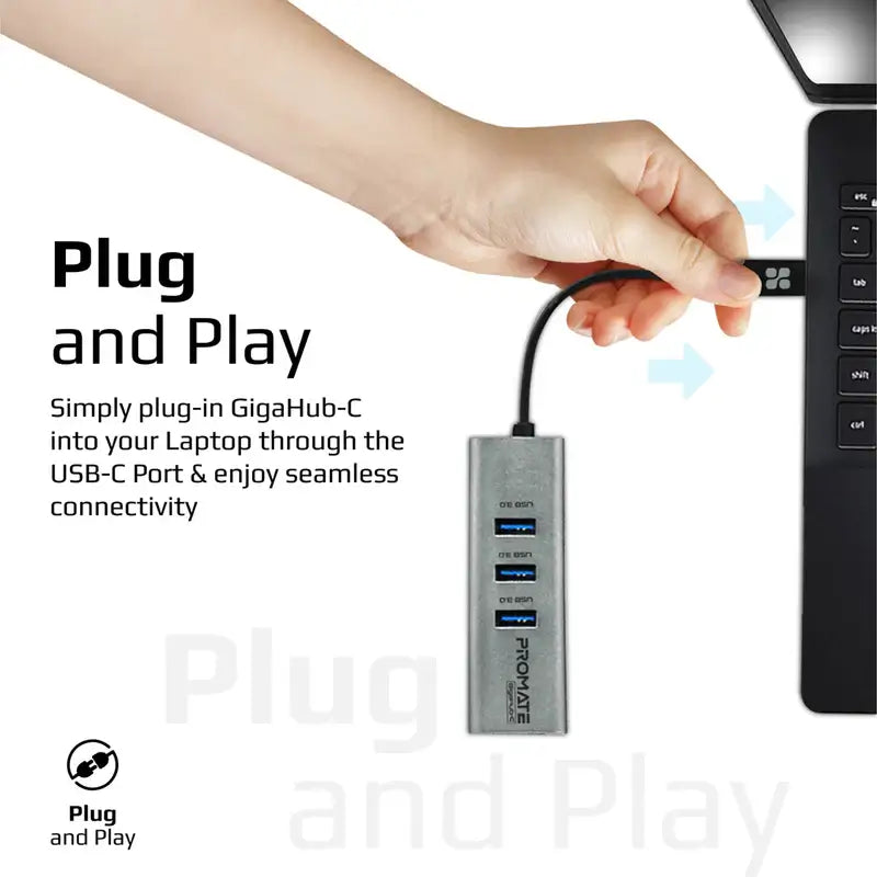 Promate GigaHub-C USB-C to Ethernet Adapter Hub, Aluminum Alloy High-Speed USB-C Hub to 1000Mbps Ethernet Port with 5 Gbps Sync Charge, 3 USB 3.0 Ports for USB-C Laptops, Smartphones, Tablets (Grey)