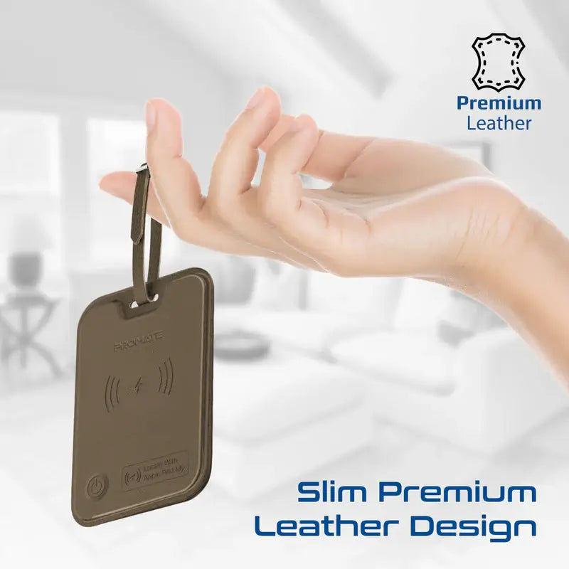 Promate HushTag Brown Smart Leather Luggage Tag with Apple Find My Tracker, RFID Protection, Wireless Charging, 90dB Alert, 6-Month Battery, Slim Durable Design, Bluetooth 5.2 for Apple Devices Only