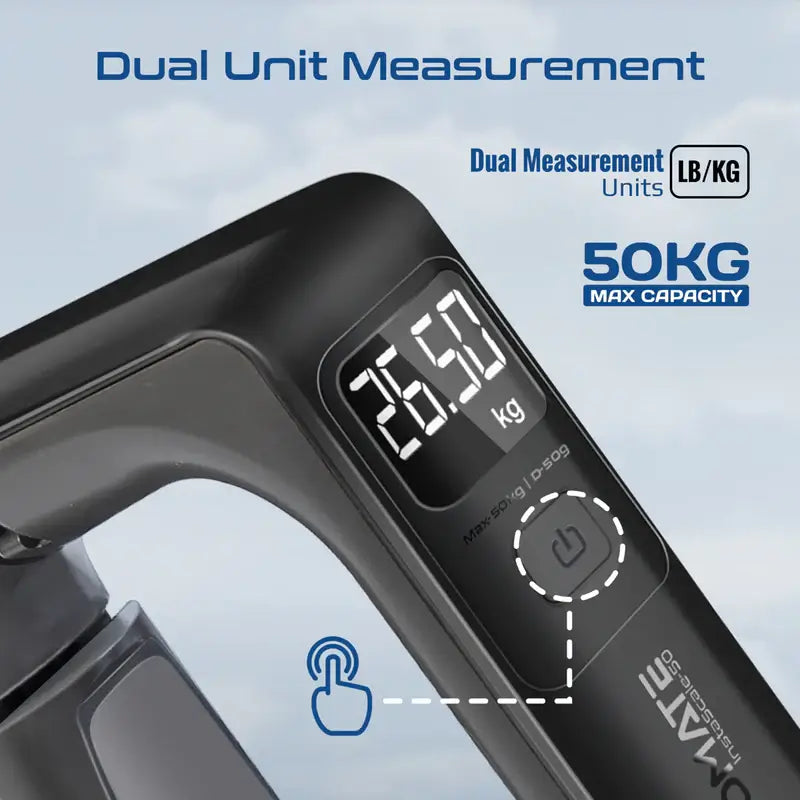 Promate InstaScale-50 Black Digital Luggage Scale 50kg Max Capacity, High Precision 50g Increments, Backlit LCD Display, Dual Units (kg/lb), Ergonomic Grip, Compact Travel Weighing Tool