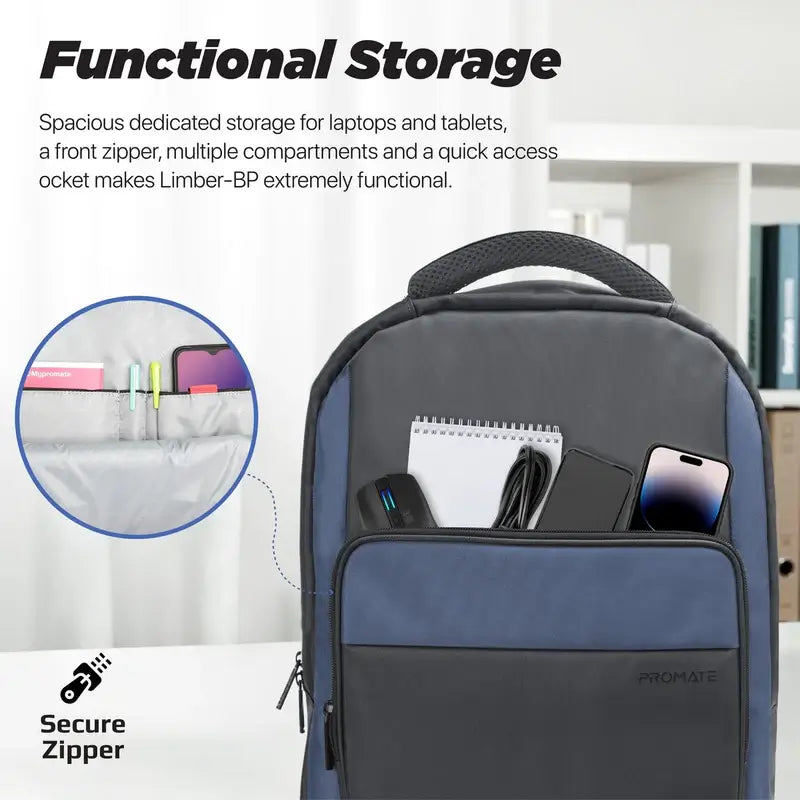 Limber-BP Black Promate Lightweight Comfortable 15.6” Laptop Backpack with Secure Zippers, Water-Resistance, Multiple Compartments and Padded Straps