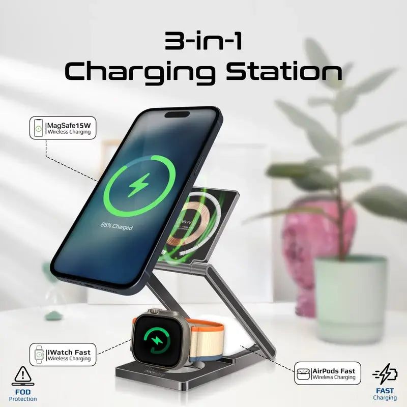 LucidFold-Trio Promate 3-in-1 Ultra-Slim Transparent Foldable MagSafe Wireless Charging Station with 15W Charging Stand, 5W AirPods Charger, 3W Apple Watch Adjustable Charger