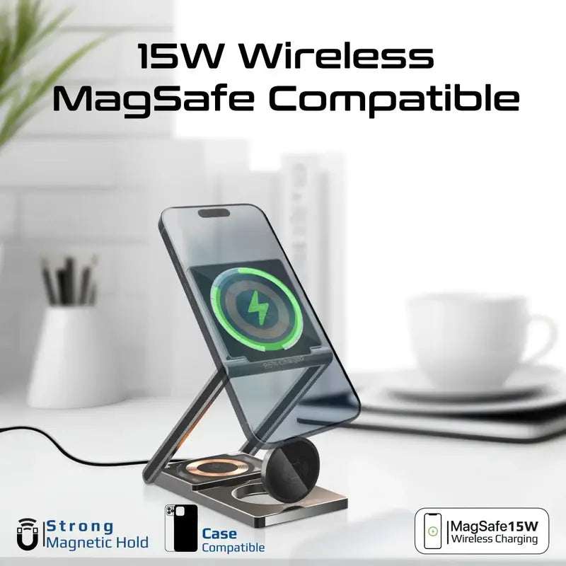 LucidFold-Trio Promate 3-in-1 Ultra-Slim Transparent Foldable MagSafe Wireless Charging Station with 15W Charging Stand, 5W AirPods Charger, 3W Apple Watch Adjustable Charger