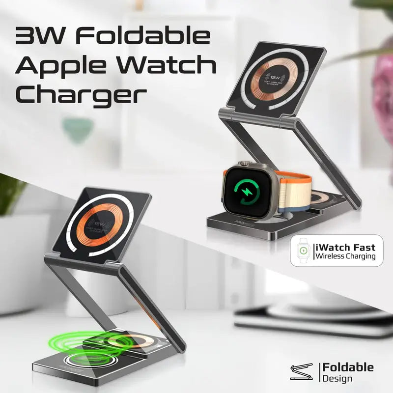 LucidFold-Trio Promate 3-in-1 Ultra-Slim Transparent Foldable MagSafe Wireless Charging Station with 15W Charging Stand, 5W AirPods Charger, 3W Apple Watch Adjustable Charger