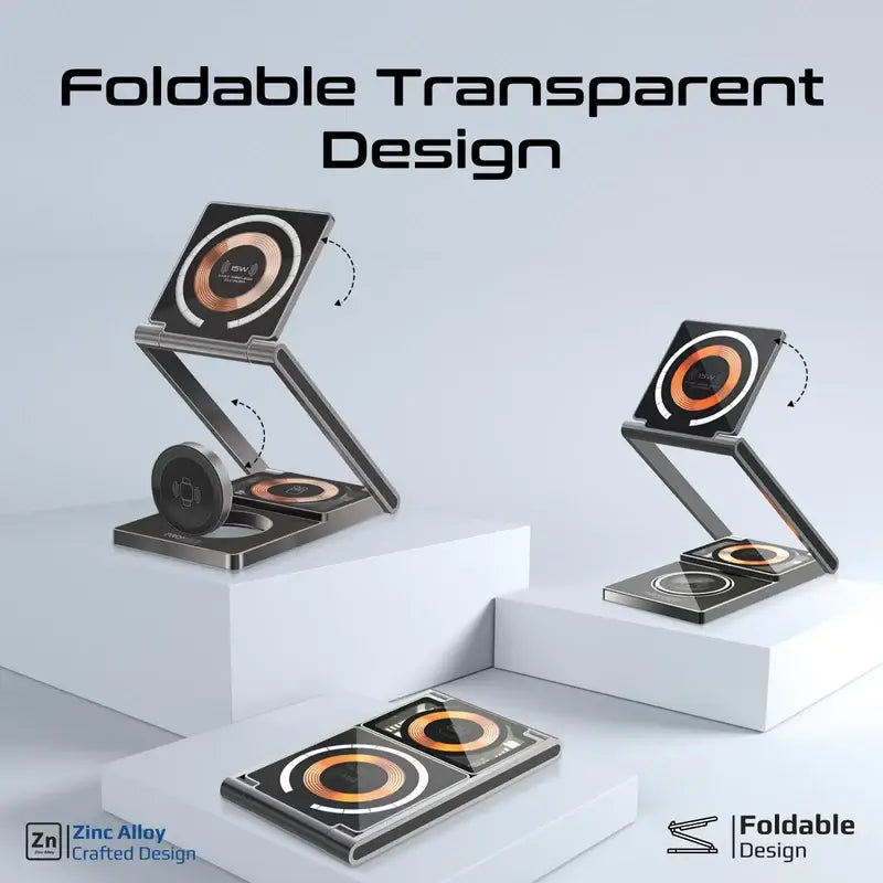 LucidFold-Trio Promate 3-in-1 Ultra-Slim Transparent Foldable MagSafe Wireless Charging Station with 15W Charging Stand, 5W AirPods Charger, 3W Apple Watch Adjustable Charger