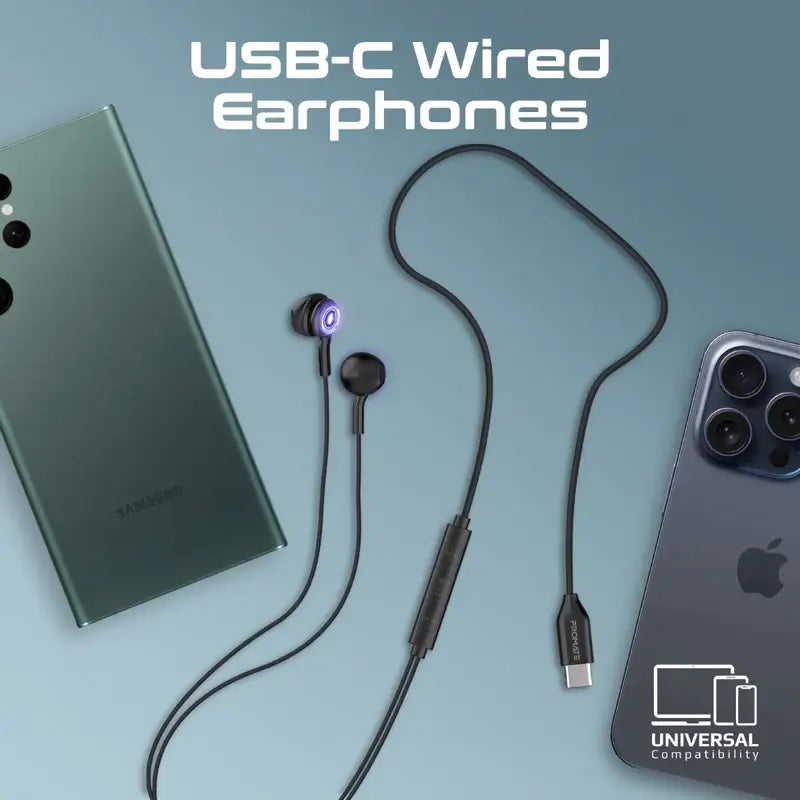 LumiBuds-C Black Promate with USB-C Connector, Transparent in-Ear USB-C HD Wired Earbuds, RGB Lights, Microphone, Call Function, in-Line Volume Control for iPhone 15, iPad, Samsung S23