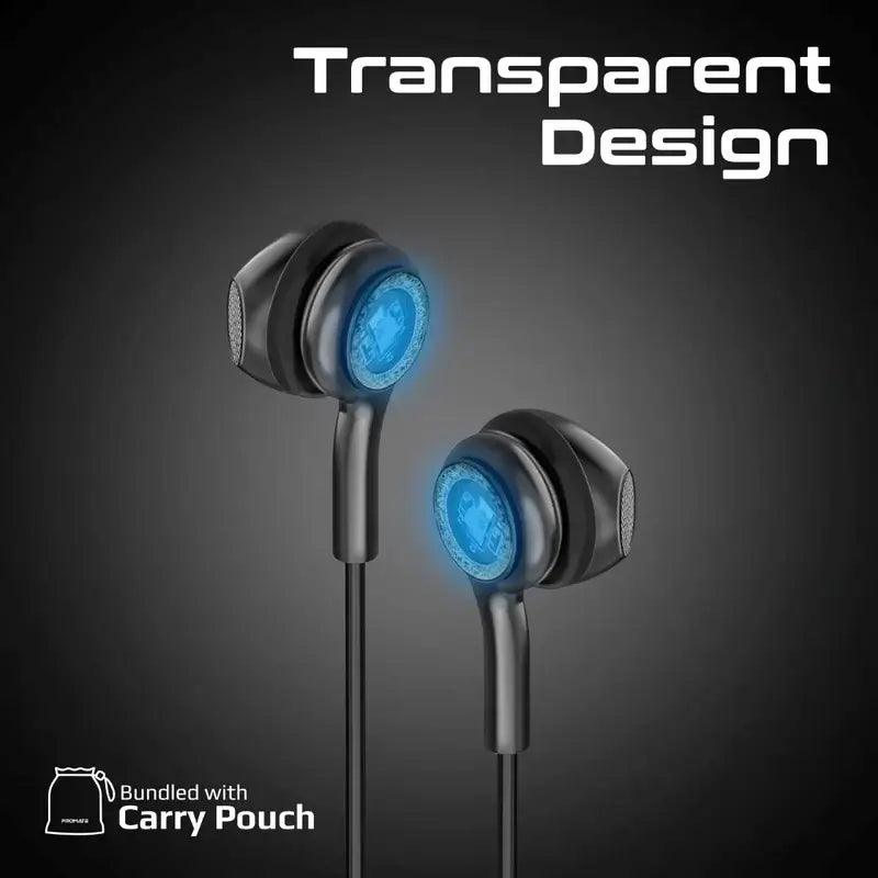 LumiBuds-C Black Promate with USB-C Connector, Transparent in-Ear USB-C HD Wired Earbuds, RGB Lights, Microphone, Call Function, in-Line Volume Control for iPhone 15, iPad, Samsung S23