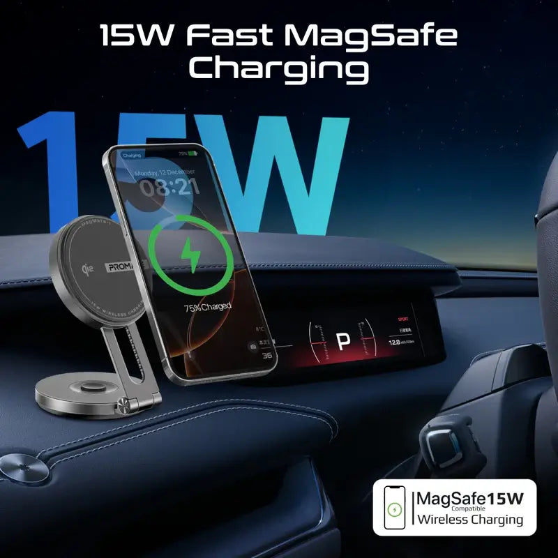 MagMate-1 Promate Qi2 Certified Wireless Magnetic Car Charger Mount with 15W MagSafe Compatibility, Car Dashboard & LCD Screen Support, Adjustable Rotatable Swing Arm, Cradleless 360° Design, FOD