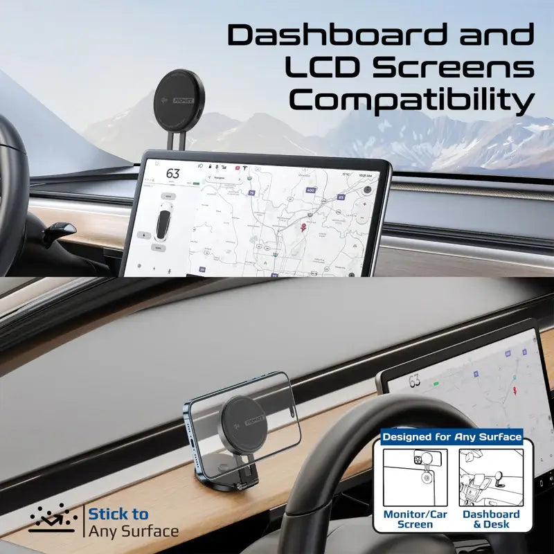 MagMate-1 Promate Qi2 Certified Wireless Magnetic Car Charger Mount with 15W MagSafe Compatibility, Car Dashboard & LCD Screen Support, Adjustable Rotatable Swing Arm, Cradleless 360° Design, FOD