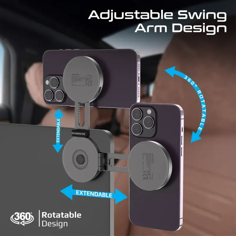 MagMate-1 Promate Qi2 Certified Wireless Magnetic Car Charger Mount with 15W MagSafe Compatibility, Car Dashboard & LCD Screen Support, Adjustable Rotatable Swing Arm, Cradleless 360° Design, FOD