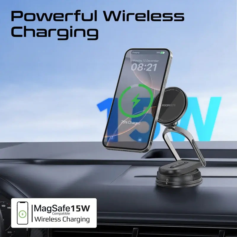 MagNeo-15W Promate Magnetic Car Charging Mount with 15W MagSafe Compatibility, Detachable Body, Locking Mechanism, Adjustable Extendable Arm, FOD Detection, 360° Rotatable Cradle-Free Base