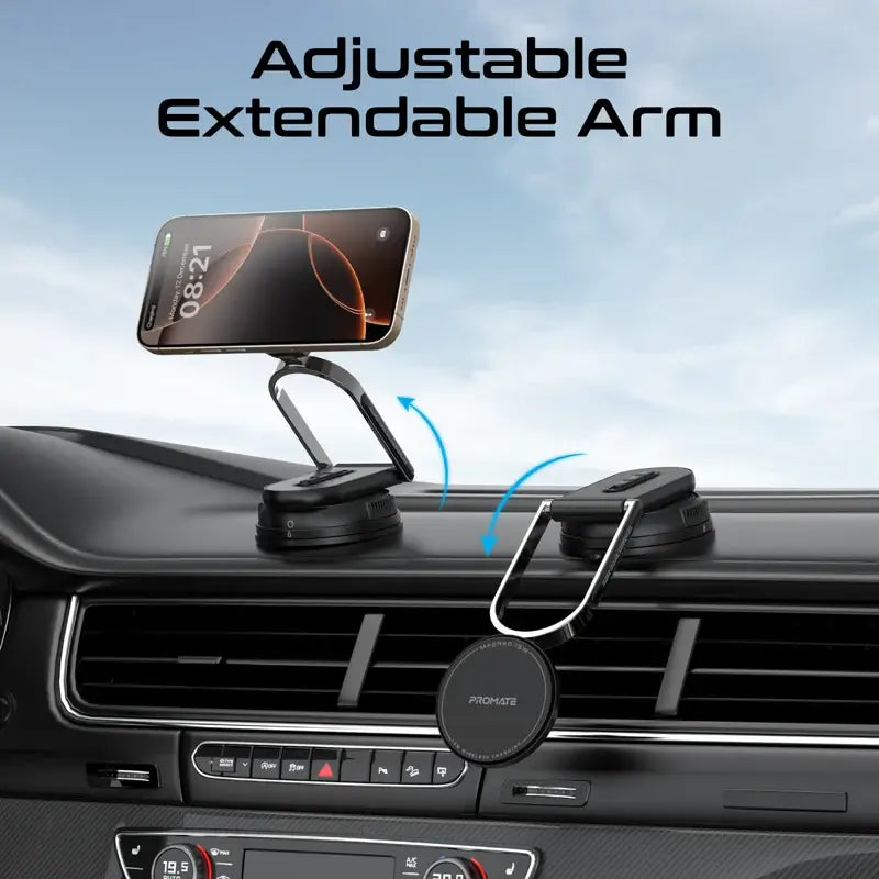 MagNeo-15W Promate Magnetic Car Charging Mount with 15W MagSafe Compatibility, Detachable Body, Locking Mechanism, Adjustable Extendable Arm, FOD Detection, 360° Rotatable Cradle-Free Base