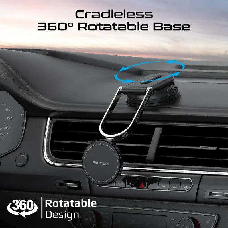 MagNeo-15W Promate Magnetic Car Charging Mount with 15W MagSafe Compatibility, Detachable Body, Locking Mechanism, Adjustable Extendable Arm, FOD Detection, 360° Rotatable Cradle-Free Base
