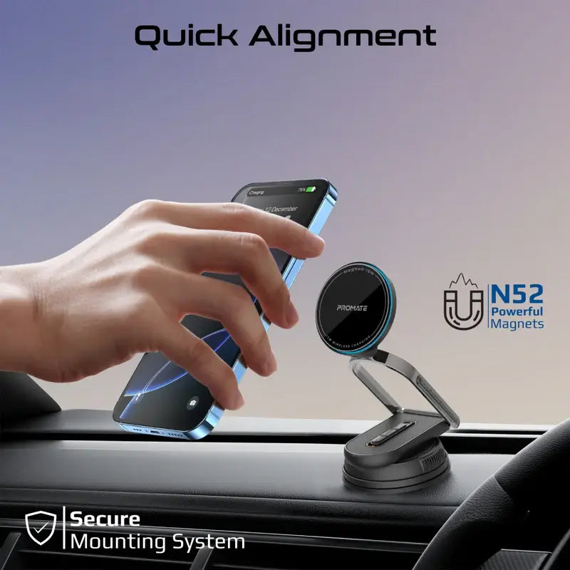 MagNeo-15W Promate Magnetic Car Charging Mount with 15W MagSafe Compatibility, Detachable Body, Locking Mechanism, Adjustable Extendable Arm, FOD Detection, 360° Rotatable Cradle-Free Base