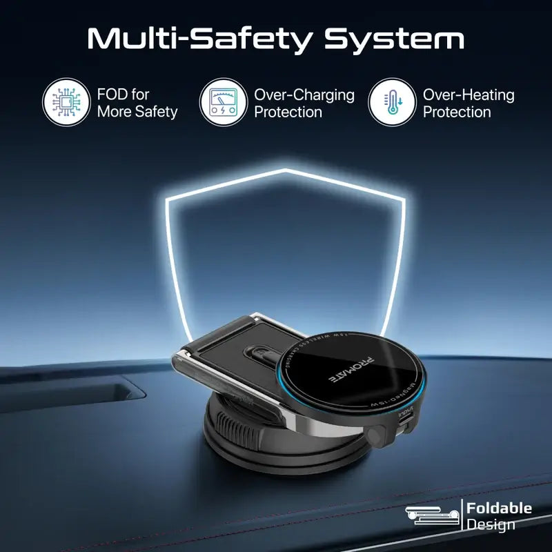 MagNeo-15W Promate Magnetic Car Charging Mount with 15W MagSafe Compatibility, Detachable Body, Locking Mechanism, Adjustable Extendable Arm, FOD Detection, 360° Rotatable Cradle-Free Base
