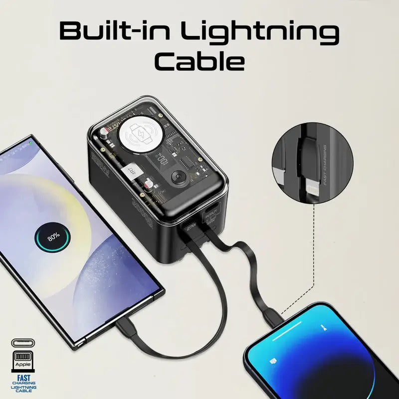 Mavrix-20 Black Promate 5-In-1 Power Bank, Universal 20000mAh Charger with Built-In USB-C, Lightning Cables, PD 65W USB-C Port, 27W USB-A Port, 3W Apple Watch Charger