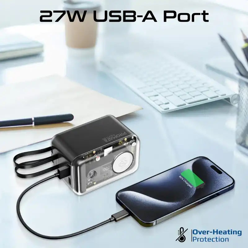 Mavrix-20 Black Promate 5-In-1 Power Bank, Universal 20000mAh Charger with Built-In USB-C, Lightning Cables, PD 65W USB-C Port, 27W USB-A Port, 3W Apple Watch Charger